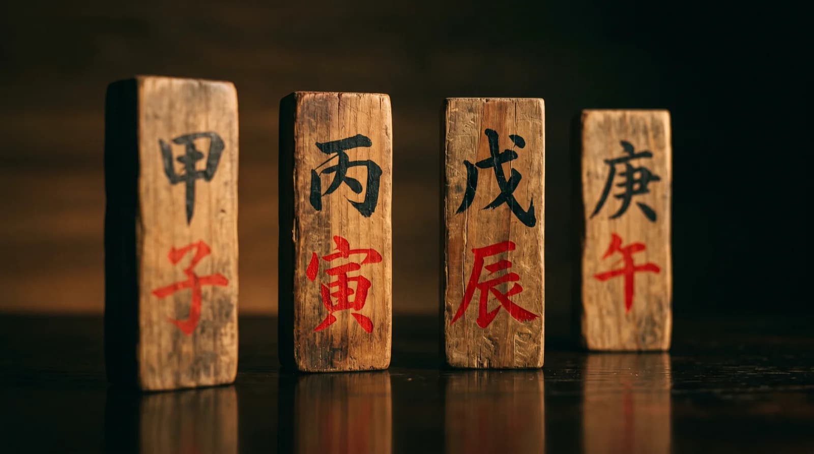 Four ink-brush columns of Chinese characters on cream paper, warm side-light, editorial still life