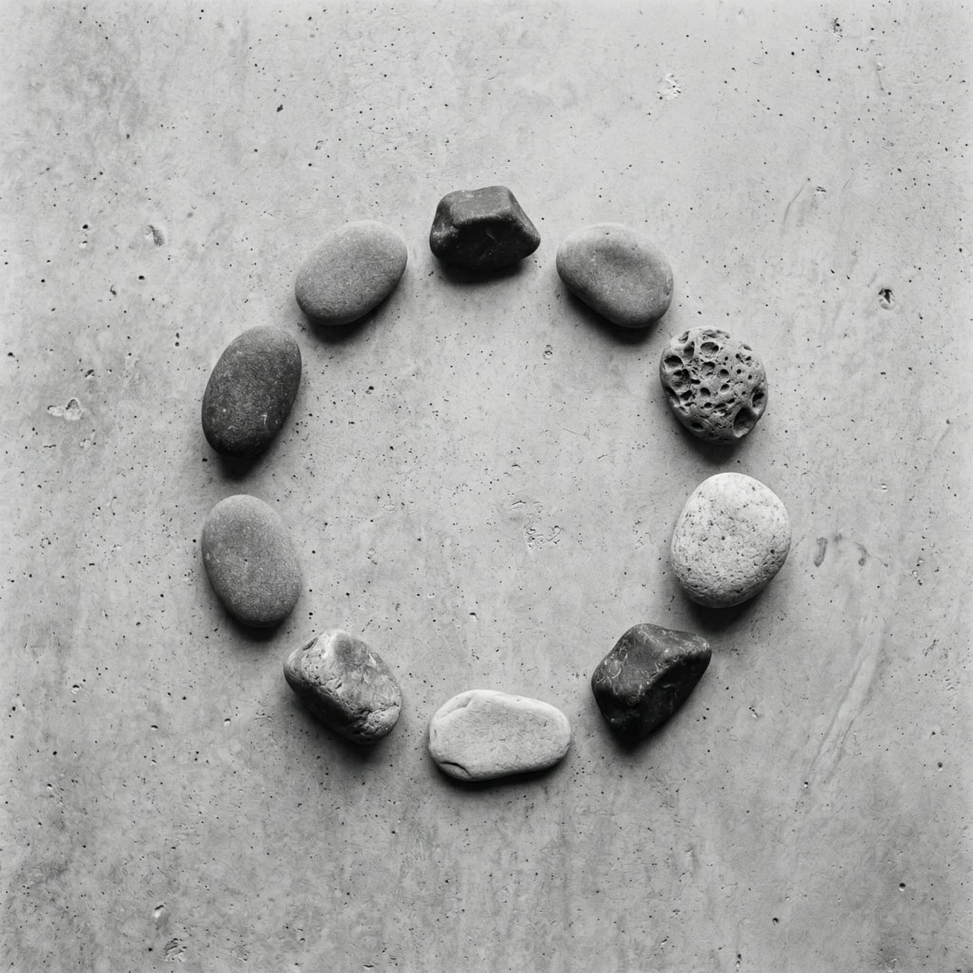Nine geometric points arranged on warm parchment, soft top-light, editorial still life