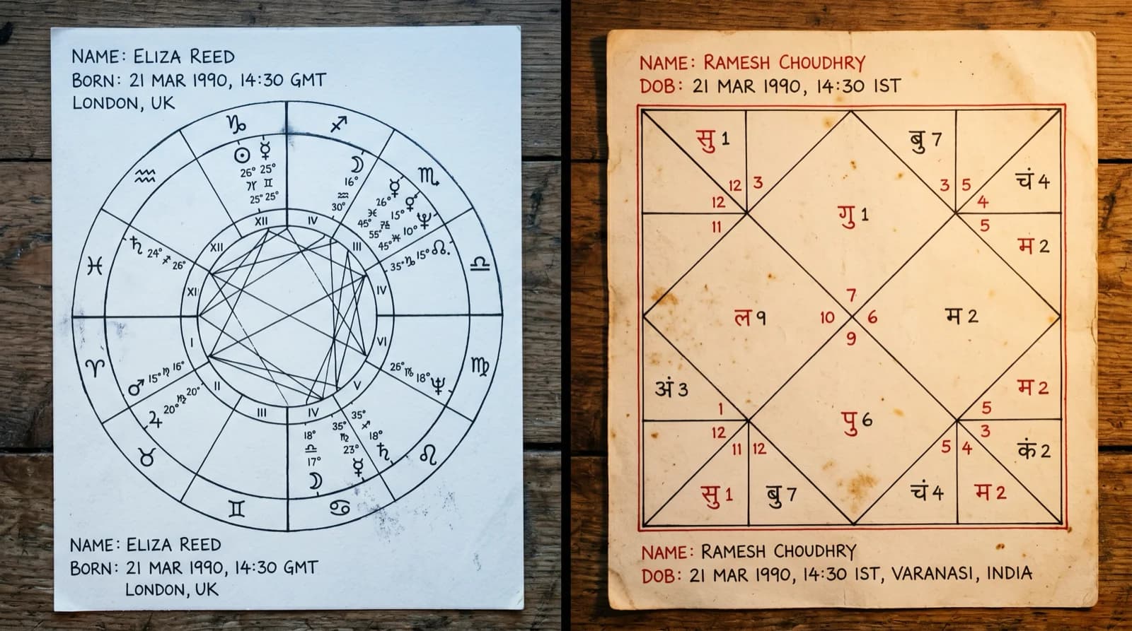 Two astrological wheels side by side on linen — Vedic square and Western circle — editorial still life