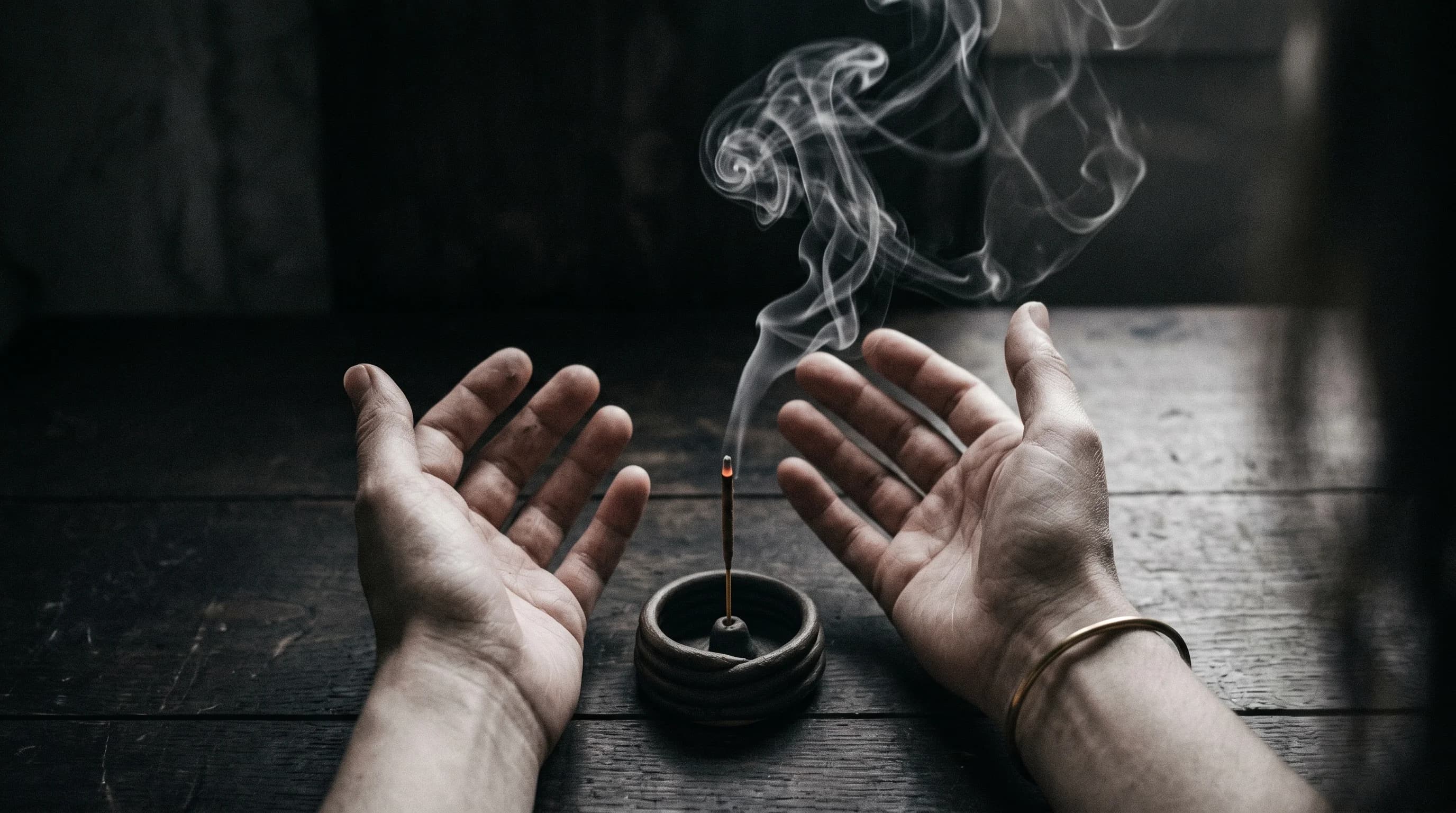 Hands hovering over a single thread of incense smoke on a dark editorial table