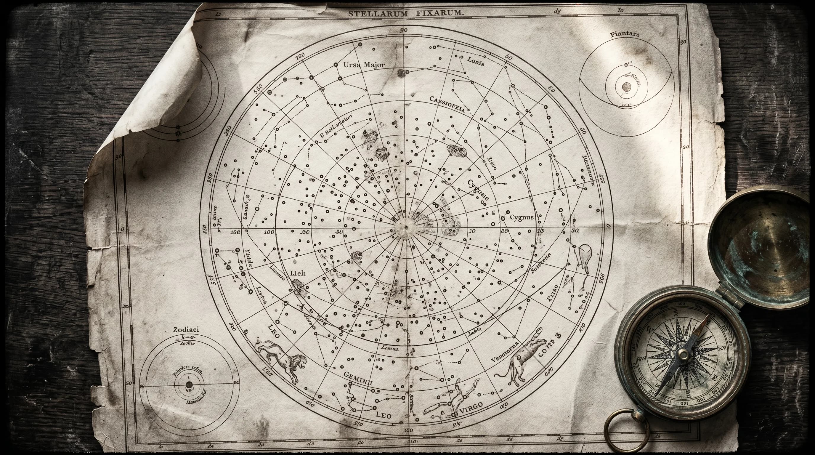 A hand-drawn celestial star chart on aged parchment beside a brass compass