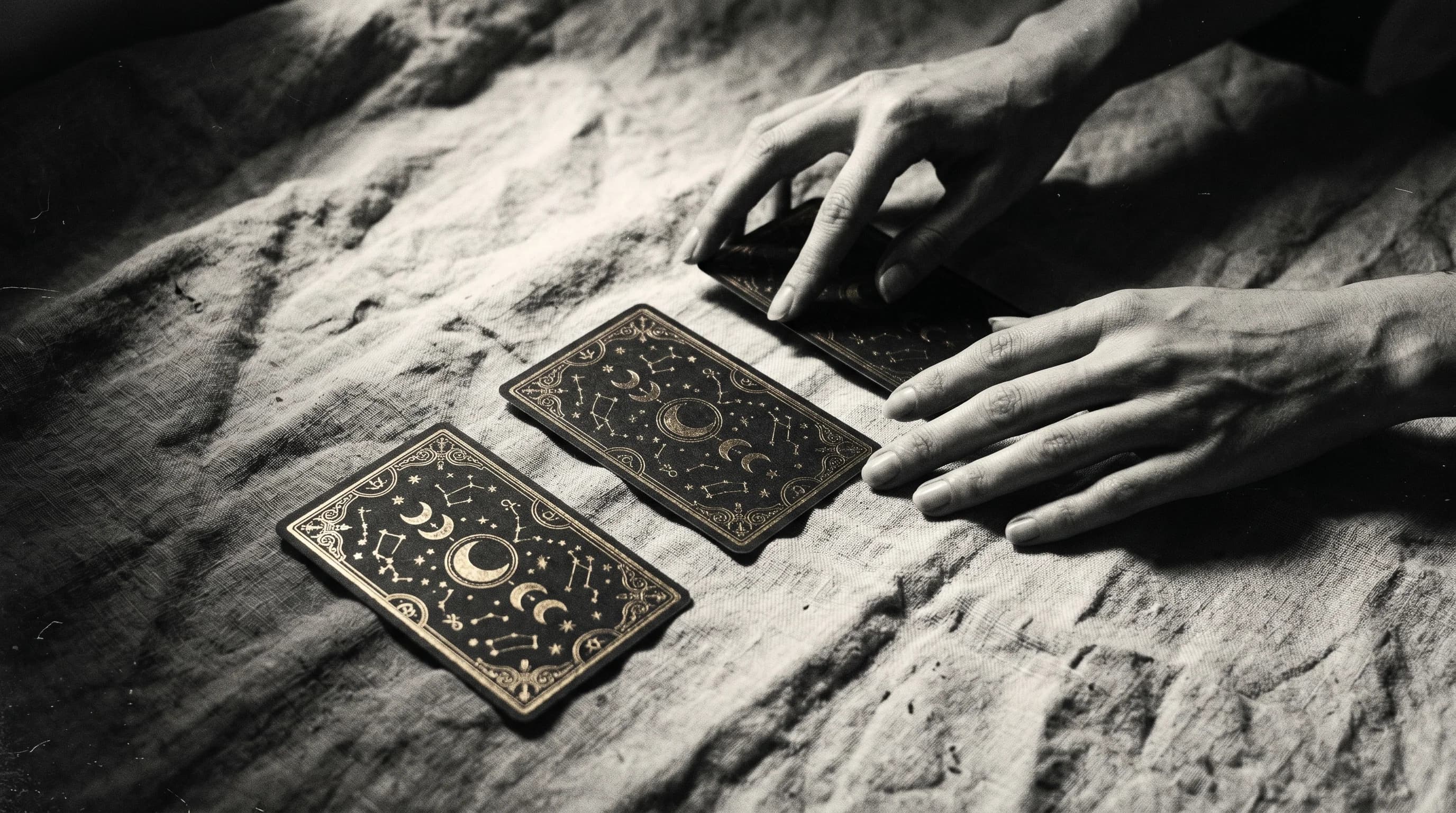 Three tarot cards laid face-down on linen, lit cinematically from the upper left