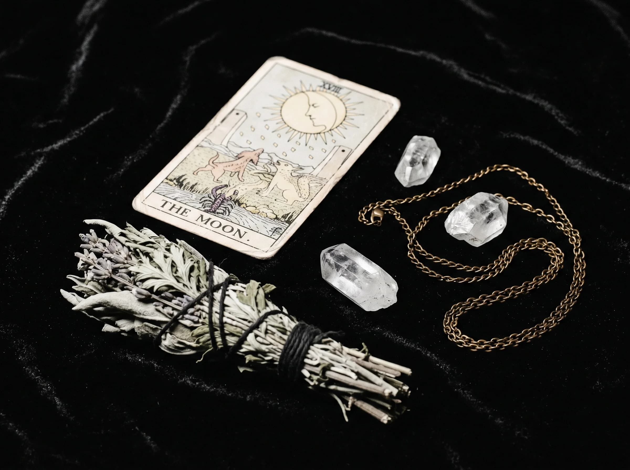 A worn tarot card, quartz crystals, and dried herbs arranged on black velvet